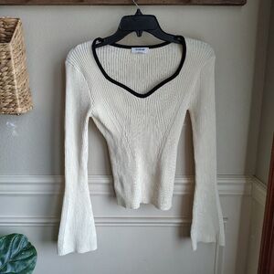 Workshop Ribbed Fitted Long Sleeve Sweater Women L Cream Black Trim Bella Swan